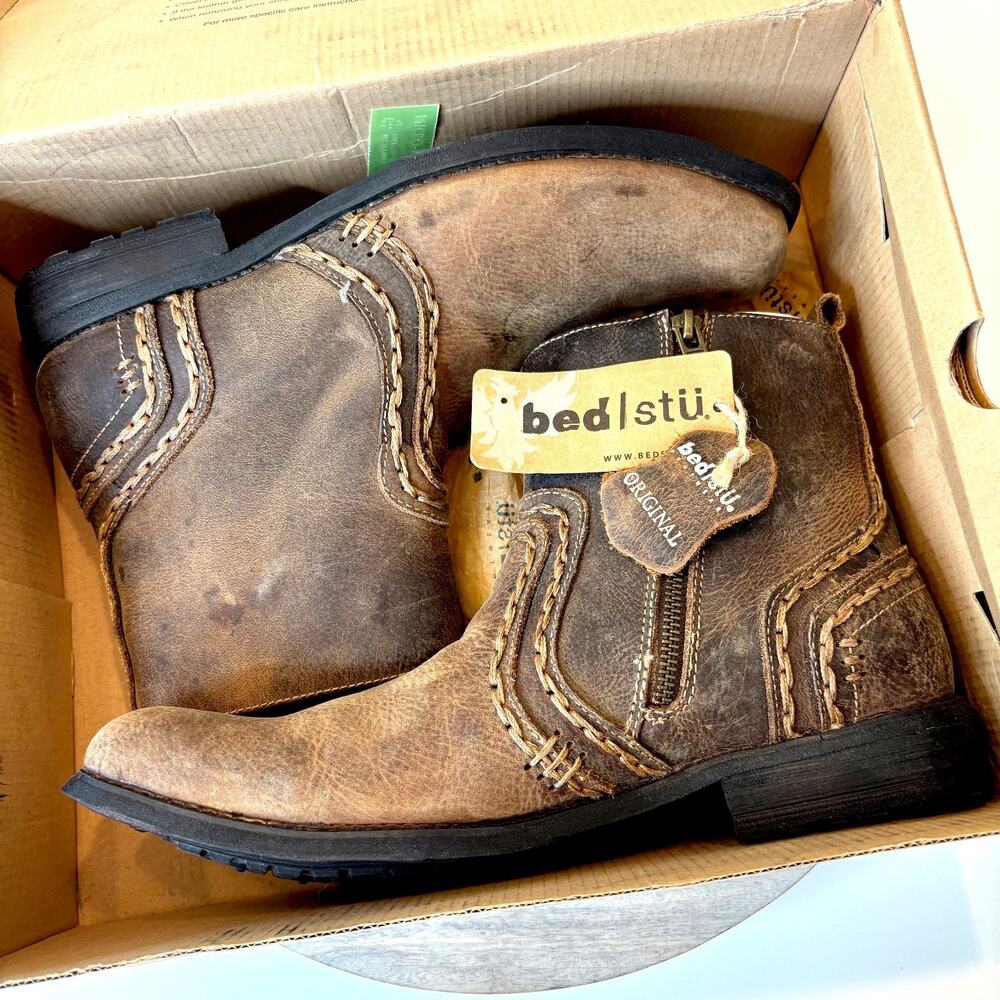 Bed Stu Revolution Boots Men's Sz 10 Tan Brown Distressed Leather Side Zip NIB